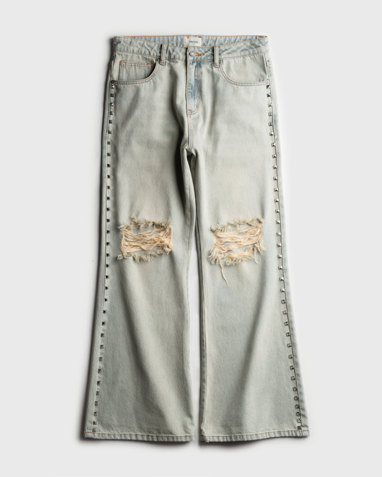 公式【1JINN STUDIO】 Washed Studded Flared Denim Pants 85 FLARED DENIM [LIGHT WASH] – VAGUE Studios