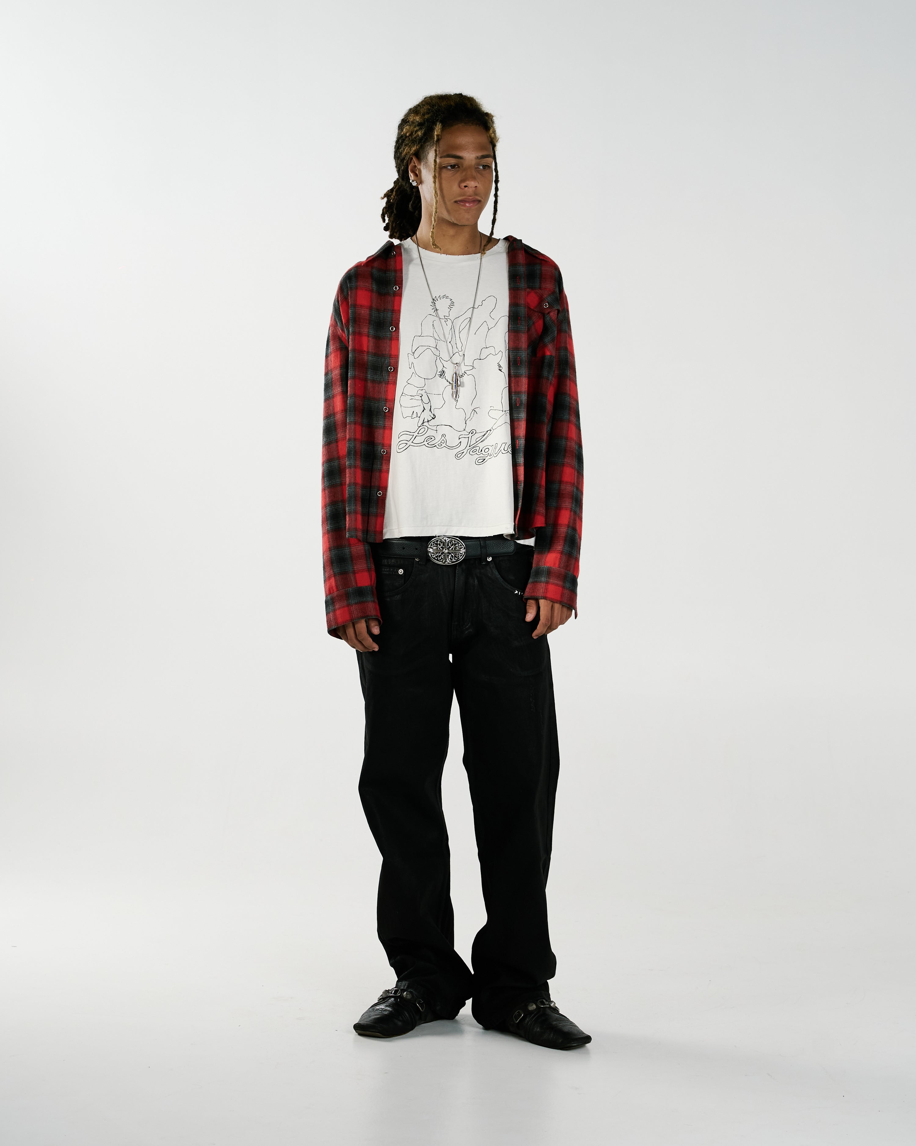 Jordan wearing size M Tee layered with size M Flannel