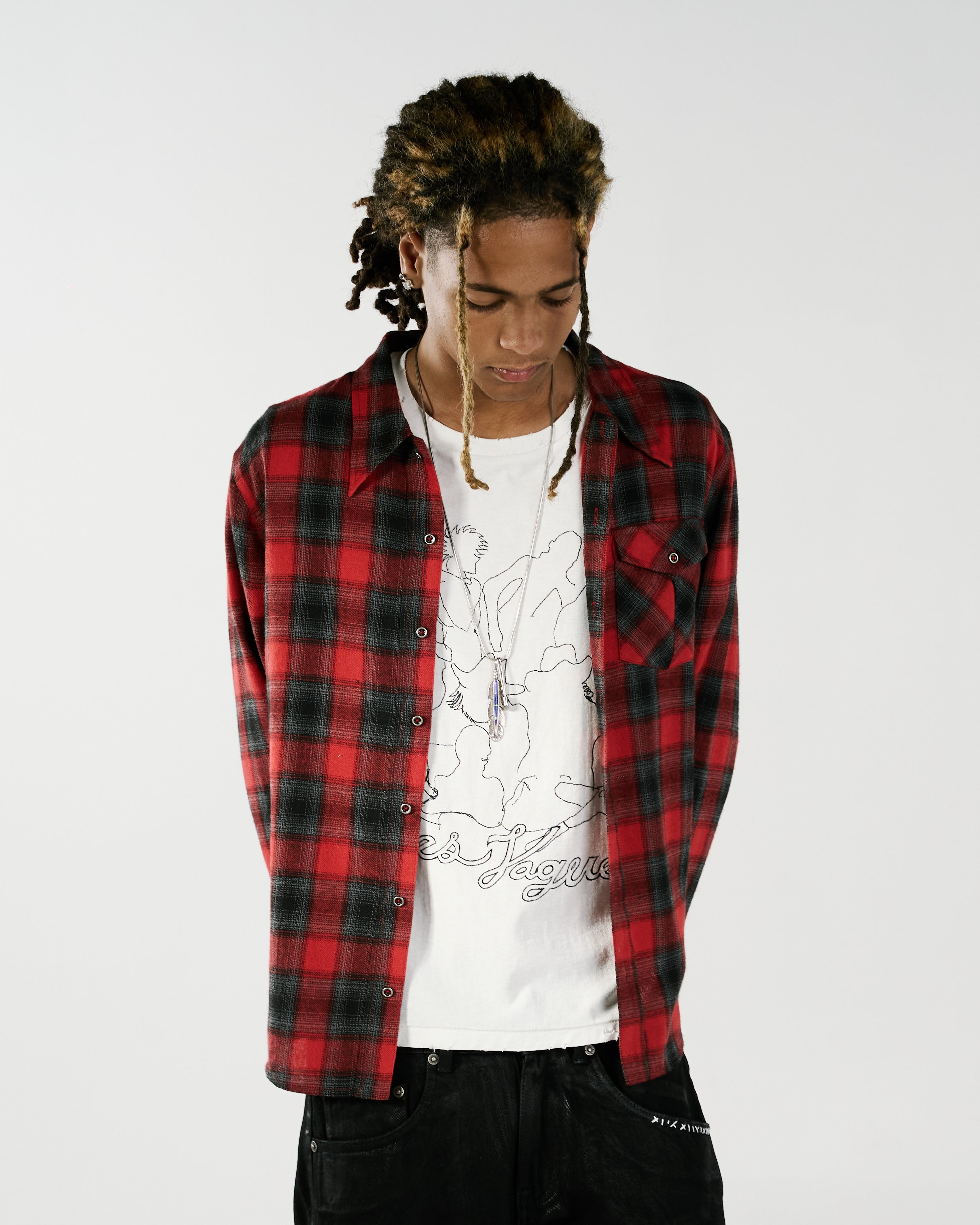 Jordan wearing size M Tee layered with size M Flannel