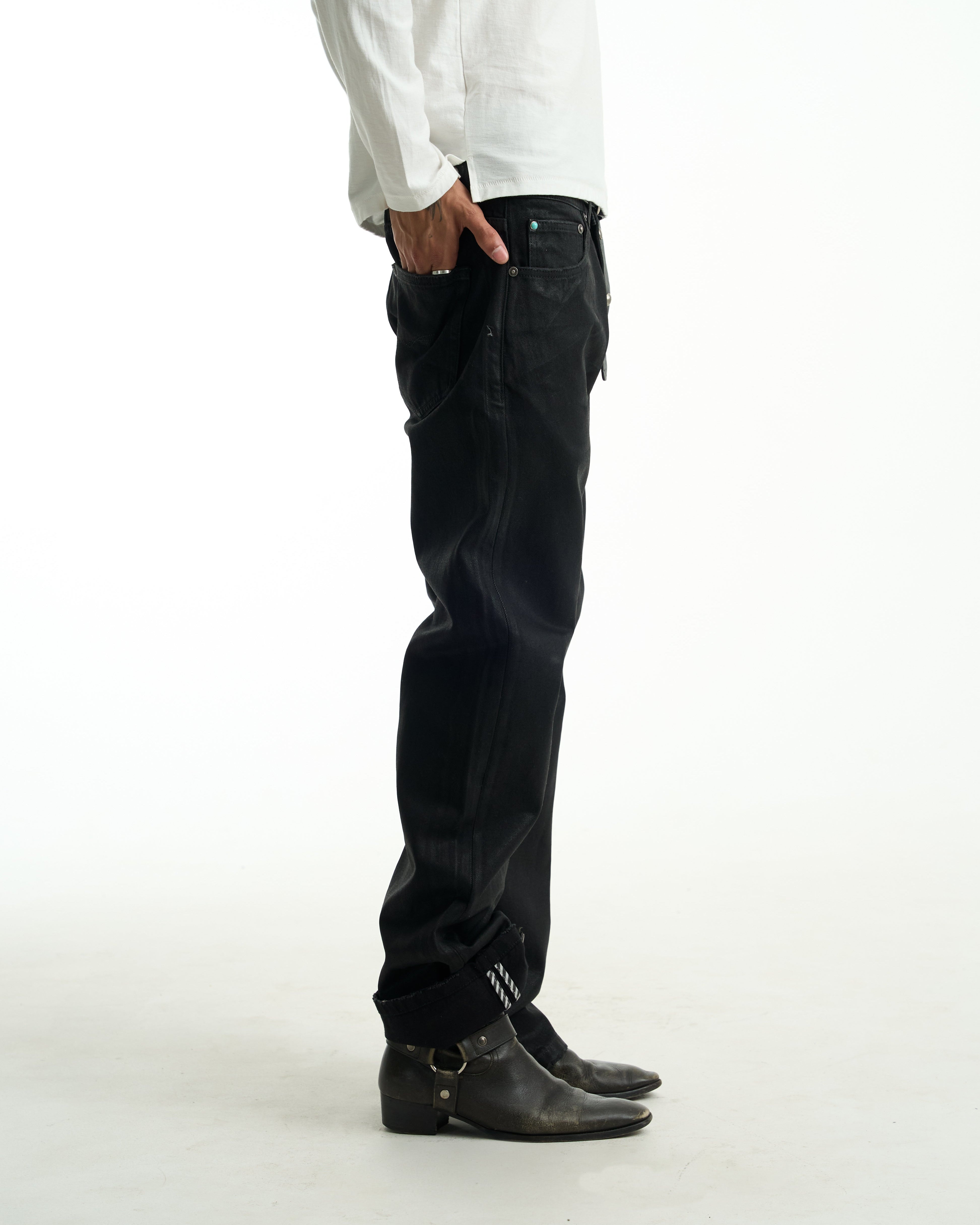 ✴︎Waxed bootcut denim✴︎ WAXED CIGARETTE BOOTCUT DENIM [BLACK] – VAGUE Studios